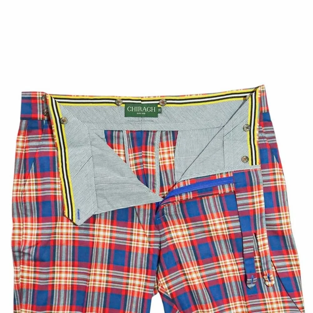 Mens Gurkha Pants 38 Blue Red Beige Plaid Dress Trousers Straight Fit Flat Front